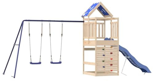 vidaXL Spielturm, Klettergerüst mit Dach Schaukeln Rutsche, Kinder Kletterturm Spiel-Zubehör für Garten, Holz Spielplatz Spielhaus, Massivholz Kiefer