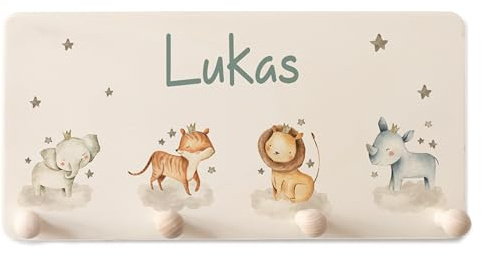 Kidsmood Kindergarderobe Personalisiert mit Namen – Wandgarderobe Kinder mit 4 Kleiderhaken aus Holz inkl. Dübel & Schrauben – Kinderzimmer Garderobe – Geschenke zur Geburt & Taufe - Tiere (40x20 cm)