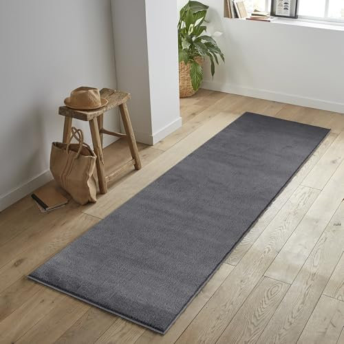 Jimri Flauschiger Teppich Läufer - Hochwertiger Kurzflor für Zuhause, Büro, Küche, Eingang, Flur, Wohnzimmer - Maschinenwaschbar - Rutschfester Teppich Waschbar - 60x110 cm - Anthrazit