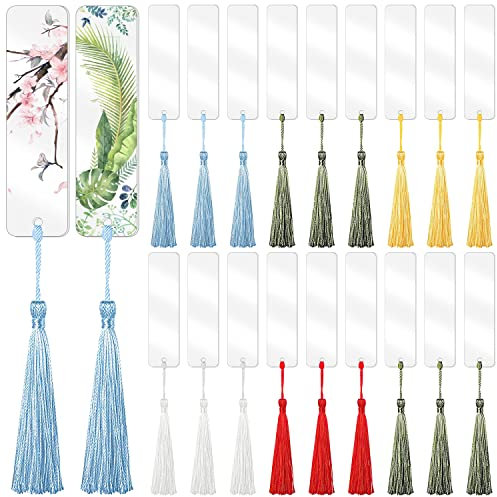 Blanko-Lesezeichen aus Acryl, Lesezeichenquasten for Basteln, 30 Acryl-Lesezeichen, blanke Lesezeichen for Selbermachen mit 15 mehrfarbigen Quasten, durchsichtiges Acryl for Selbermachen