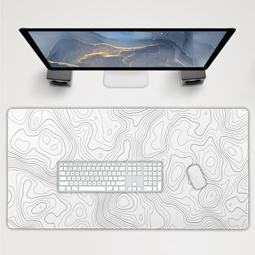 Grand tapis de souris avec motif carte topographique - Lignes blanches étendues - Contour géographique - 100 x 50 cm - Base en caoutchouc antidérapante - Bords cousus - Long tapis de souris - 100 x 50