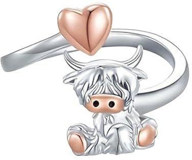 Highlands Kuhring für Mädchen - Verstellbarer schottischer Ring mit Liebesherz, romantischer Kuh-Schmuck für Frauen und Modeliebhaber | Charmantes und einzigartiges Geschenk, 2,3x2,1 cm, Zink, Siehe