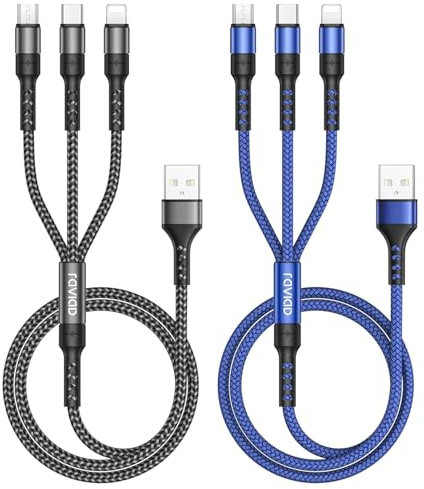 RAVIAD Multi USB Kabel [2Stück 2M] 3 in 1 Universal Ladekabel Schnellladekabel Mehrfach Ladekabel mit Micro USB Typ C Lightning Kabel für iPhone 16/15, Android Galaxy S25/S24/S23, Huawei, Oneplus, PS5