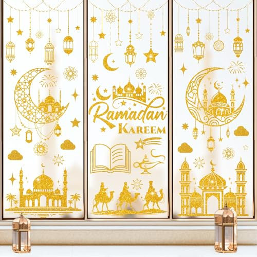 9 Blätter Ramadan Deko Fensteraufkleber, Eid Mubarak Sticker Deko, Ramadan Kareem Fensterbilder Halbmond & Sterne, Al-Fitr Selbstklebende Fensterdekoration für Islam Muslim Feier