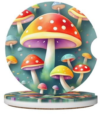 Phayah Getränkeuntersetzer mit niedlichen farbigen Pilzen, 2 Stück, 6,5 cm, Keramik-Korkboden, geeignet für Autos, SUVs und LKWs