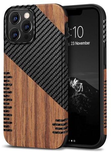 TENDLIN Kompatibel mit iPhone 13 Pro Max Hülle Holz und Carbon Textur Design Leder Hybrid Handyhülle (Twill)