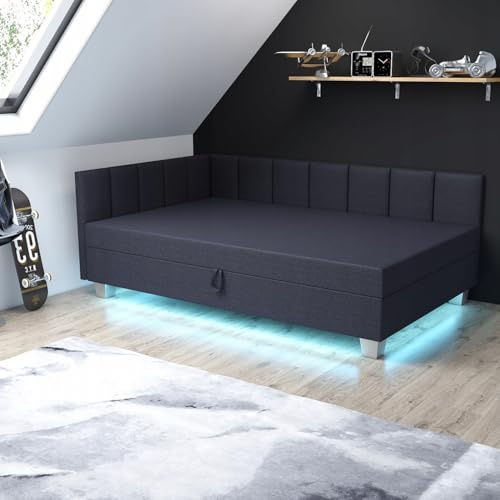 TAPCZANY24 - Boxspringbett Marcela+, Bett mit Matratze 100 cm Breite, Polsterbett mit Bettkasten, Taschenfederkernmatratze, Einzel Bed mit LED-Beleuchtung, Komfortabel Bette - Lux-Graphit