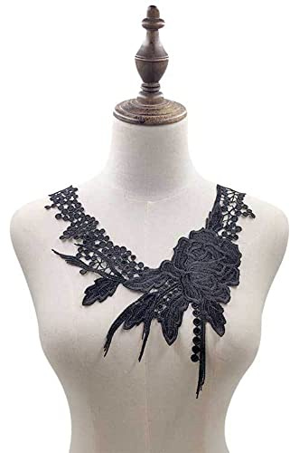 Aniyan Bestickter Blumen Kragen Applikation – Elegante Fake Spitzenkragen aus Polyester (31x30 cm), Ideal für Brautmode, Kleider & DIY Nähen (Schwarz)