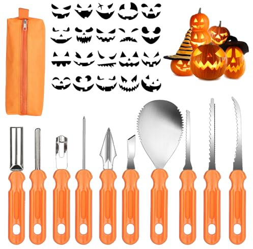 10 Stück Kürbis Schnitzset mit 20 Stück Vorlagen und Tragetasche | Schnitzwerkzeug Kürbis, Professionelle Edelstahlwerkzeuge für Erwachsene Kinder Pumpkin DIY Halloween Dekoration