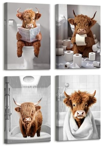 4Pcs Hochlandkuh Leinwand Bilder Set Mit Rahmen Lustige Kuh Badezimmer Badewanne Bilddruck Bild auf Leinwand Poster Verspielte Tier Wandbilder Wohnzimmer Toilette WC Hotel Wanddeko 30x40cm x4
