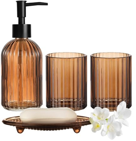 Braunes Badezimmer-Accessoire-Set, 4-teilig, Komplettset aus Glas | Bestehend aus Seifenspender, Mundspülbecher und Seifenschale zur Dekoration von Badezimmern und Waschtischen.