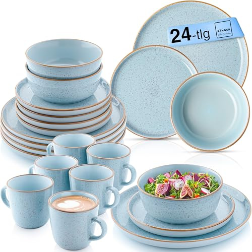 SÄNGER Rio Kombiservice 6 Personen, Teller Set & Kaffeebecher 24 tlg | spülmaschinenfest mikrowellenfest Steingut Geschirrset mit Kaffeetassen 430 ml blau