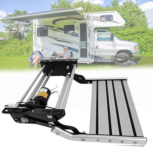 BoTongSiHai Marchepied Électrique avec Déploiement Automatique - pour Camping-Cars Et Caravanes. 12V/80W, 200KG, Large Surface Antidérapante en Aluminium avec Éclairage(Single Layer)