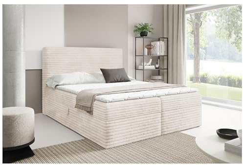 MEBLINI Boxspringbett mit Bettkasten - 120x200 - H3/Creme Cordstoff - Talia - Gepolstert Doppelbett mit Matratze und Topper - Polsterbett mit Stauraum - Bett mit Kopfteil - Stauraumbett