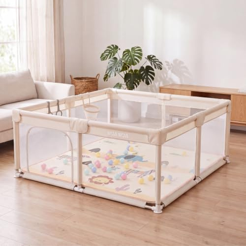NUANUA Parque Infantil Bebé XXL 150x180 cm - Corralito con Alfombra, Beige | Plegable con colchoneta, bolas y cesta - corral con agarraderas - piscina de bolas para interior y exterior - 0-36 meses