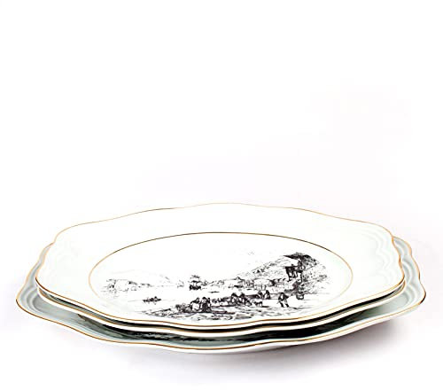 3 Fuentes de servir - Vajilla BIDASOA - Porcelana blanca con filo de oro y paisajes pesqueros | Diseño clásico CARLOS IV
