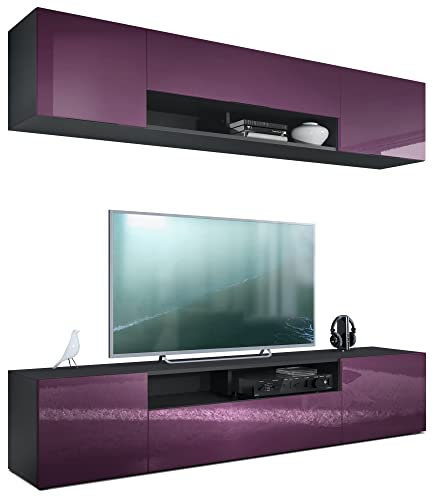 Vladon Wohnwand Mogan, Schwarz matt/Brombeer Hochglanz - Moderne Anbauwand bestehend aus 2 TV-Boards (181 x 147 x 35 cm)