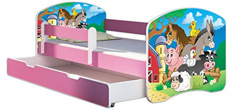 Kinderbett Jugendbett mit einer Schublade und Matratze Rausfallschutz Rosa 70 x 140 80 x 160 80 x 180 ACMA II (34 Farm, 80 x 180 cm mit Bettkasten)