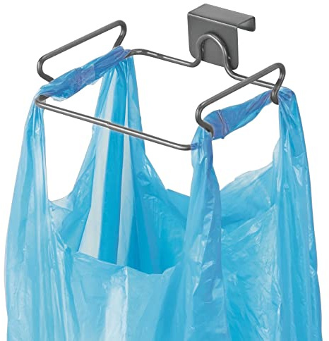 mDesign Rubbish Bag Holder — Small Plastic Bag Holder for Cupboard Doors — Metal Kitchen Waste Bin Rack — Dark Grey