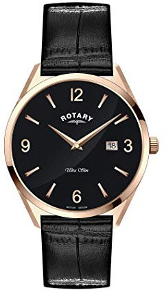 Rotary Men's Ultra Slim Quartz Watch with Leather Strap GS08014/04 (Rose Gold with Black)