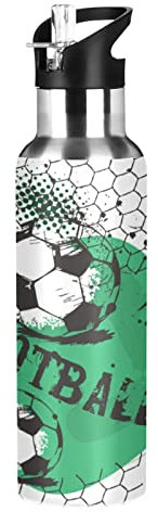 Vnurnrn Football Football Vert Illustration Bouteille d'eau Isotherme avec Paille en Acier Inoxydable Gourde 600ML, Sans Bpa Gourdes Eau pour Enfant Sport Randonnée École Bureau