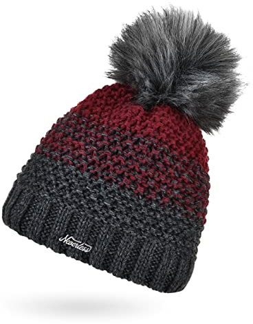Neverless® Damen Strick-Mütze gefüttert Fleece Fell-Bommel Kunstfell Winter-Mütze Bommelmütze Grobstrick Mehrfarbig dunkelgrau-Bordeaux Unisize