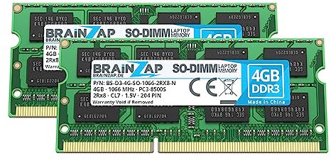 BRAINZAP Memorycity Lot de 2 barrettes de mémoire RAM DDR3 SO-DIMM PC3-8500S 2Rx8 1066 MHz 1,5 V CL7 8 Go (2 x 4 Go)