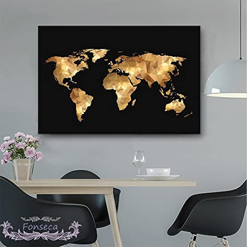 Dittelle Schwarz Gold Vintage Weltkarte Leinwand Poster Wandkunst Bild für Wohnzimmer 19.6x 27.5 (50x70cm) Ungerahmt