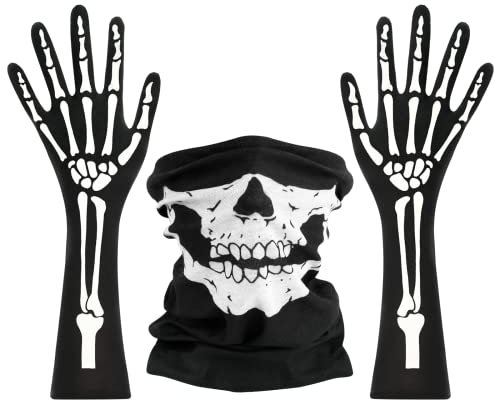 KATELUO Gant Squelette et Masque Squelette, Masque Squelette Halloween, Masque Squelette Adulte, Masque De Crâne d'Halloween, Pour Motos, Randonnée, Halloween, Carnaval, Cosplay