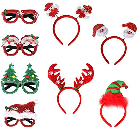 KOSHIFU 4 Stück Weihnachten Haarreifen und 4 Stück Weihnachten Brillen, Lustig Weihnachtenbrillen Weihnachten Stirnbänder Rentier Santa Haarschmuck für Kinder Erwachsene