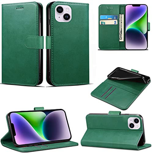 Case Compatible With iPhone 14 Leather Wallet Book Flip Folio Stand View Cover Magnetic Closure with Card Slots for iPhone 14 [6.1 Inch] (Dark Green)