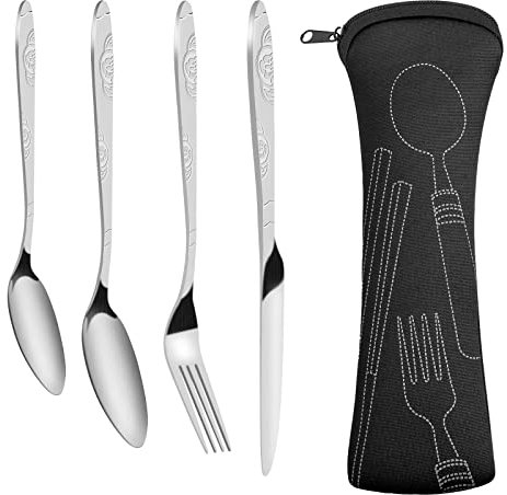 4-Teiliges Besteck-Set Tragbare Bestecktaschen Campingbesteck aus Edelstahl mit Etui Besteckset mit 2 Löffel, Messer, Gabel Outdoor Reisebesteck Set für 1 Person, Reisen Camping Schule Lunch (Schwarz)