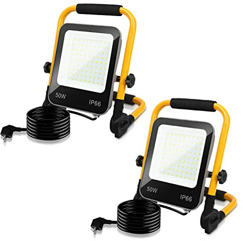 Yakimz Proyector LED de Construcción 50W 5100LM, Proyector de Luz de Trabajo IP66 Impermeable 6000K Blanco Frío Portátil y Plegable con Cable de 3m, 72LEDs, para Taller Obra Garaje Campin, 2pcs.