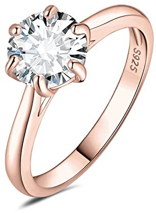 JewelryPalace Classic 2ct Cubic Zirconia Solitaire Engagement Rings for Women, 14K Rose Gold Plated 925 Sterling Silver Promise Ring for Her, Round Cut CZ Anniversary Wedding Rings Size J