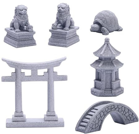 Sdeetesamjun 6 Stück Mini-Zen-Gartenzubehör, Miniatur-Gartenbrücke, Foo Hunde, Torii-Tor, Sandstein-Figuren, Meditation, Zen-Dekoration, japanisches Aquarium, Bonsai-Dekorationen (Art Deco)