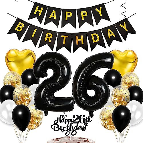 Feelairy Geburtstagsdeko 26 Jahre Frauen, Luftballon 26. Geburtstag Deko Männer, Schwarz Gold Tortendeko Happy 26th Birthday Deko 26 Jahre Frau, Ballon 26. Geburtstag Mann Party Dekoration Set