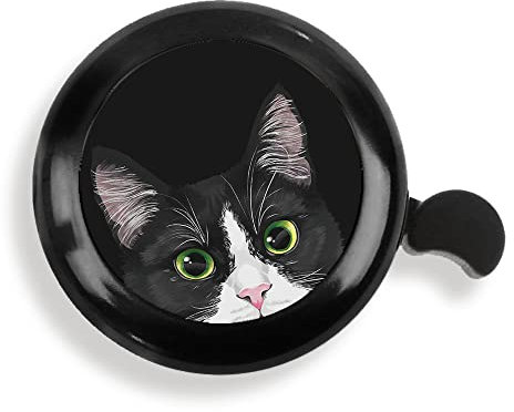 WIRESTER Schwarze runde Fahrradklingel aus Aluminium, klassischer Ring, Fahrradzubehör, Klingelring für Erwachsene, Kinder, Mädchen, Jungen, schwarz-weiße Smoking-Katze