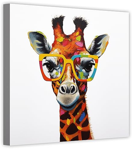 LZIMU Lustiges Giraffen bild auf Leinwand bunte Giraffe mit Brille Leinwandbild niedliche Tierbilder für Kinderzimmer Wanddekoration Gerahmt (3, 45.00x45.00cms)