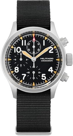 TACTICAL FROG Militado ML1868 39mm Militär Chronographen Uhren Saphirglas VK67 Quarzuhren für Männer 100M Wasserdicht, Schwarzes Nylonarmband