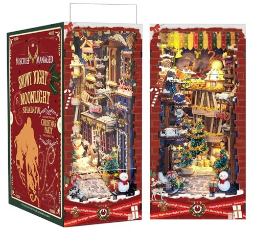 RONSTONE DIY Weihnachten Straßenszene Book Nook Kit mit Staubschutzhülle und LED-Licht - Miniatur Puppenhaus Booknook Kit - 3D Holz Puzzle Buchstütze Bücherregaleinsatz Dekor für Erwachsene