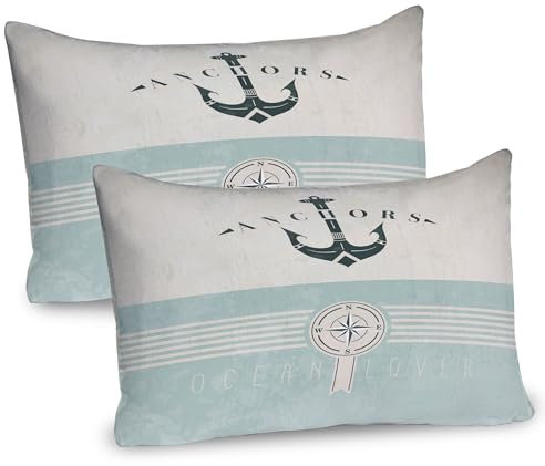 ABAKUHAUS Nautisch Kissenbezug Packung mit 2, Altmodisch Maritim Design Ozean Liebhaber Anker Kompass Streifen, Dekorativer Standard Gedruckter Kissenbezug, 80 x 40 cm, Seafoam Beige Reseda Grün