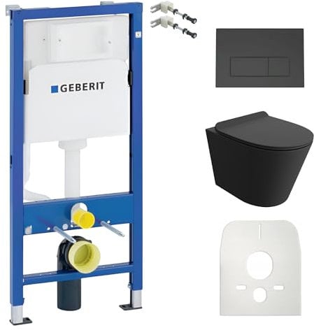 Lavita Duofix Basic Vorwandelement + Wand Tiefspül WC Galve Schwarz Spülrandlos + WC Sitz + Bedienplatte Delta 25 Schwarzer Knopf Komplettset | Unterputz Spülkasten Toilette Komplett Sett WC