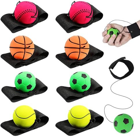 CLIUNT Springball mit Schnur, 8 Stück Ø 6cm Handgelenk Return Ball, Ball mit Gummiband, Ball an der Schnur Handgelenk, Ball Gummi für Handgelenk Kinder Erwachsene(Mehrfarbig)