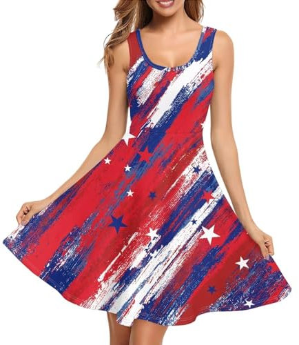 ZWPINITUP Batik-Tankkleider für Damen, ärmellos, Rundhalsausschnitt, Midi-Freizeitkleid mit Tasche für den Sommer, Patriotische USA-Flagge, Mittel