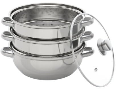 Olla de vapor de 3 niveles, de acero inoxidable, con tapa de cristal y asas, para diferentes cocinas de inducción, cocinas eléctricas de cerámica