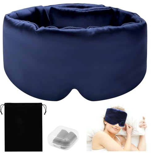 Sleep Mask, VEGCOO Silk Sleeping Mask 100% Blackout Eye Mask for Sleeping Soft & Comfortable Sleep Eye Mask with Earplugs & Storage Bag, Adjustable Blindfold for Women Men All Night Sleep (Navy)