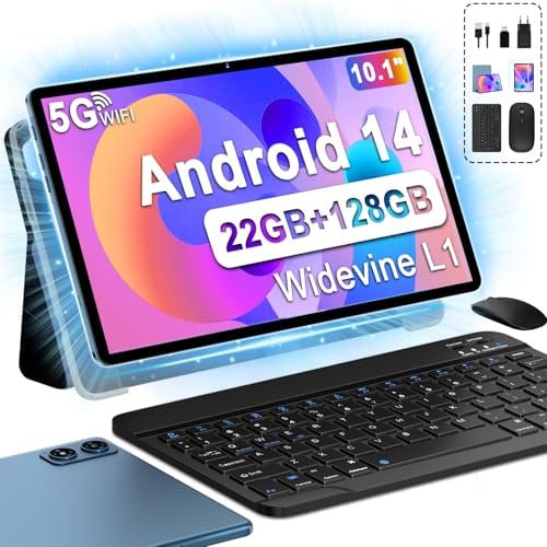 fezawio F10 Tablet 10 Pollici, Tablet Android 14, 22 GB RAM+128 GB ROM |1TB TF |8000mAh |5G Wi-Fi |Octa-Core |Widevine L1 |2.0Ghz Tablet PC Con Tastiera Mouse Fondina, Migliore Regalo-Blu