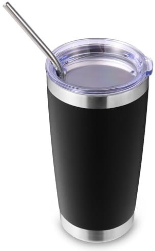 Volhoply 600ml(20oz) Thermobecher mit Deckel und Strohhalm,Doppelwandiger isolierter Reise-Eiskaffeebecher Passend für Autobecherhalter, Becher für heiße und kalte Getränke,(Schwarz,1)