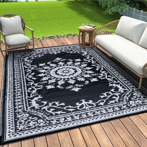 OMERAI Outdoor Teppich Wetterfest Balkon Teppich 180x270CM Vintage Schwarz Camping Teppich Plastik Recyceltem Außenteppich BBQ Picknick Wendbarer Wetterfest & UV-beständig,für Balkon Terrasse