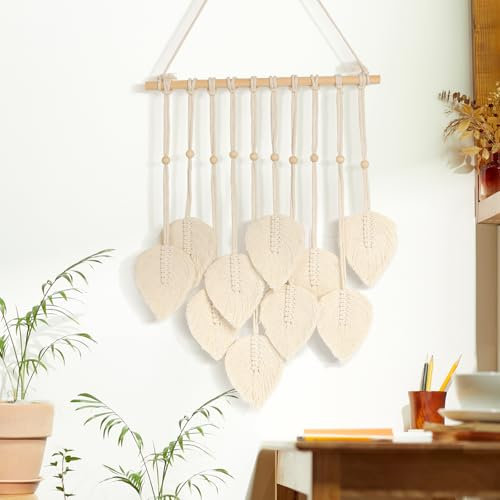 Macrame Pared,Boho Decoración de Tapiz Pared Macramé,tejido bohemio para decoración del hogar,Guirnalda de Macramé Tapiz Tejido de Hojas,para Dormitorio,Habitación de Niños,70x40cm,Beige